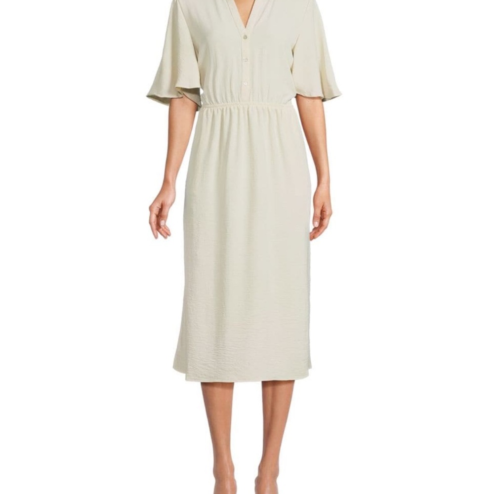 Split V Neck Cream Midi Dress